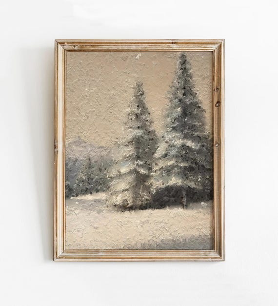 Winter Wonderland Landscape Painting Snow Covered Forest Art Moody Vintage Pine Trees Print White Snowy Field