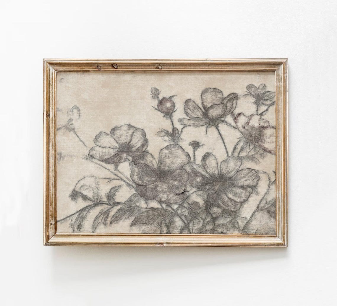 Vintage Floral Sketch Antique Soft Gray Botanical Drawing Poster