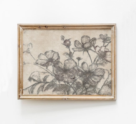 Vintage Floral Sketch Antique Soft Gray Botanical Drawing Poster