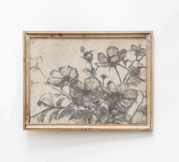 Vintage Flower Print Distressed Floral Antique Beige Roses Poster Sketch Wall Art Neutral Nursery Decor Girls Room