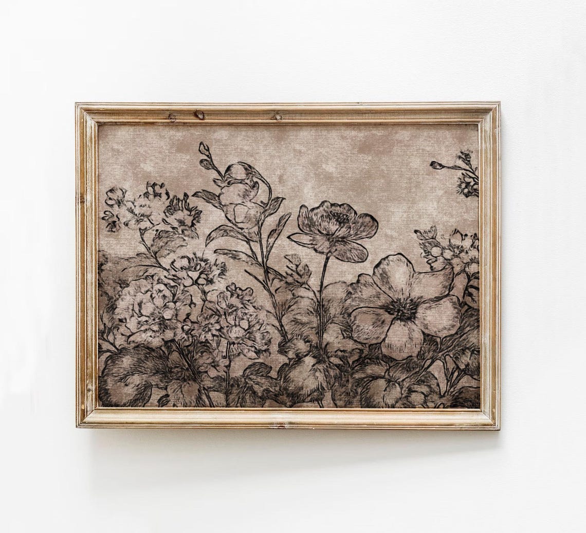 Vintage Botanical Floral Sketch Sepia Flower Garden Art Print