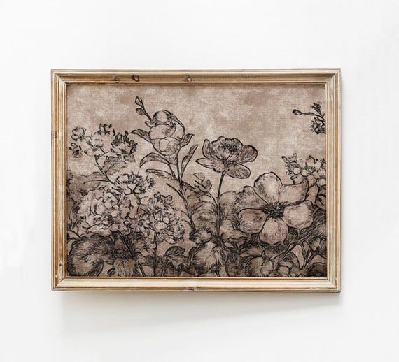 Brown Flowers Print Distressed Floral Vintage Beige Flower Poster Sketch Wall Art Neutral Nursery Decor Girl Room Drawing
