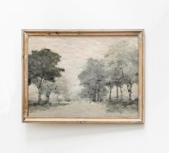 Abstract Trees Landscape Print Moody Green Watercolor
