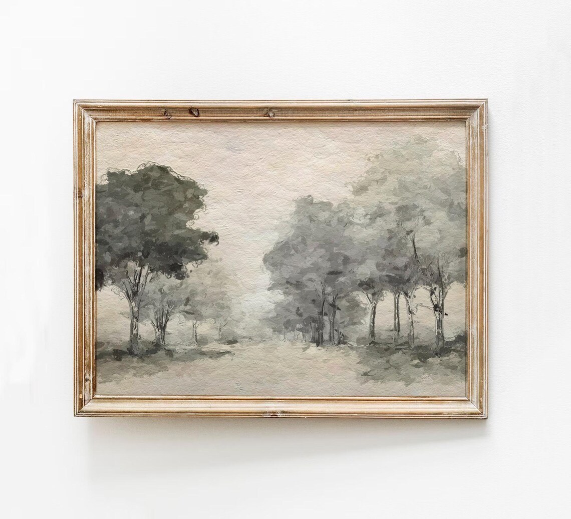 Moody Green Trees Abstract Watercolor Misty Landscape Art Print