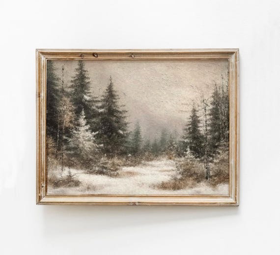Vintage Pine Tree Landscape Painting Winter Wonderland Print Moody Forest Neutral Wall Art Snowy Trees
