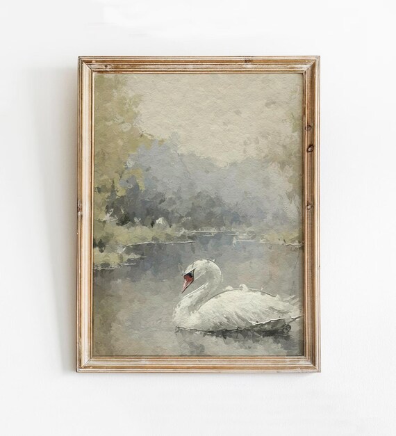 Vintage White Swan On Misty Lake Painting Neutral Nursery Wall Art
