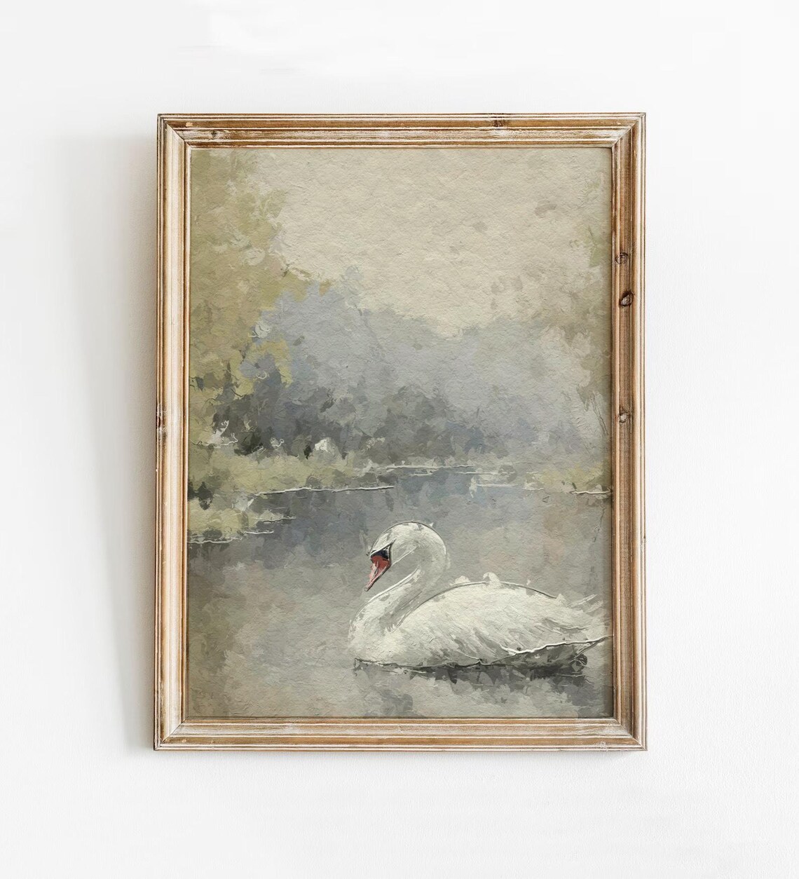 Vintage White Swan On Misty Lake Painting Neutral Nursery Wall Art