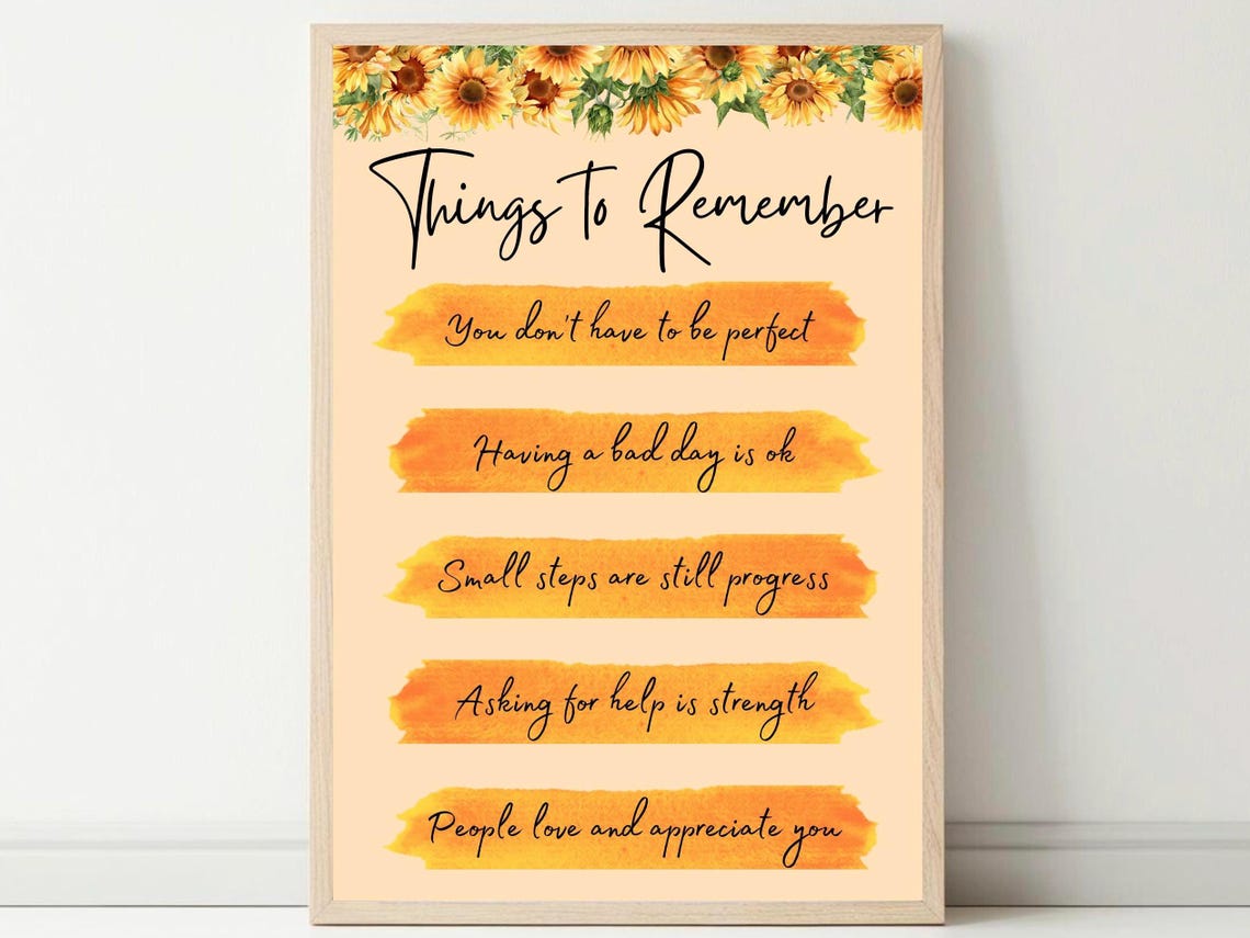 Things To Remember Sunflower Poster with Positive Affirmations Gift