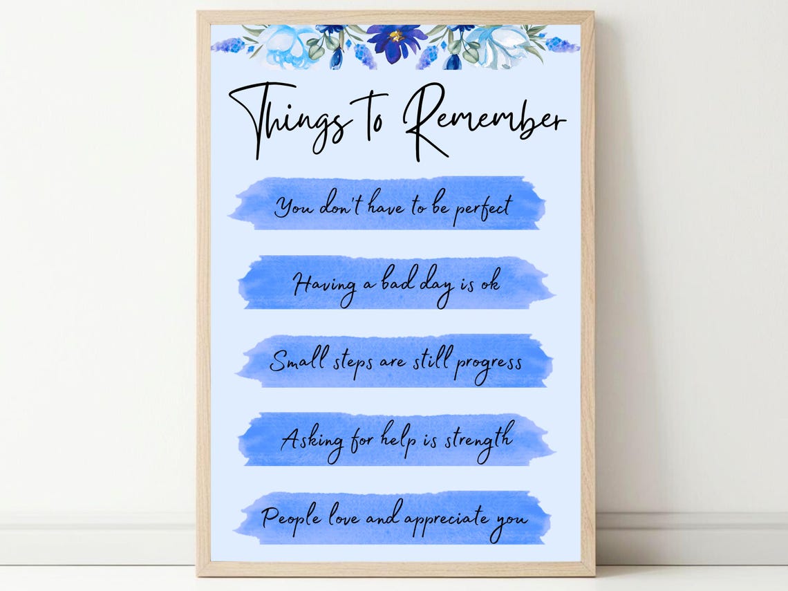 Things To Remember Blue Floral Affirmations Poster for Therapy Art