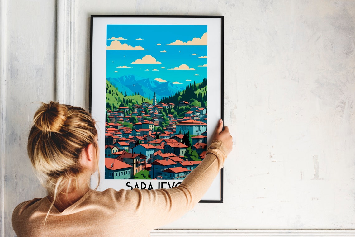 Sarajevo Red Rooftops Mountain Valley Bosnia Vintage Travel Poster - Image 2