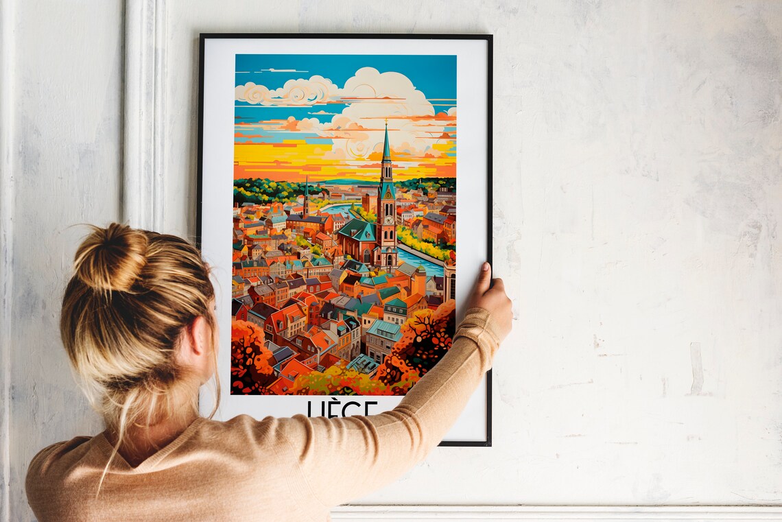 Liège Belgium Historic Church Tower City Sunset Panorama Poster - Image 2