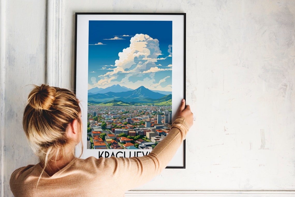Kragujevac Serbia Red Rooftops Blue Mountains Balkan Travel Poster - Image 2