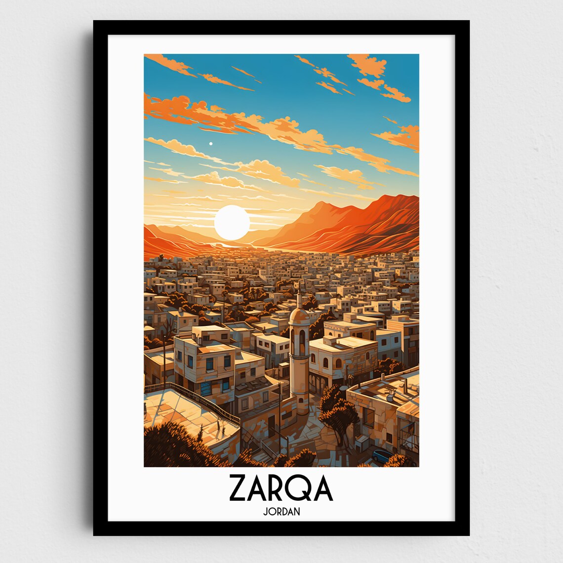 Zarqa Jordan Golden Desert Sunset Town and Minaret View Poster