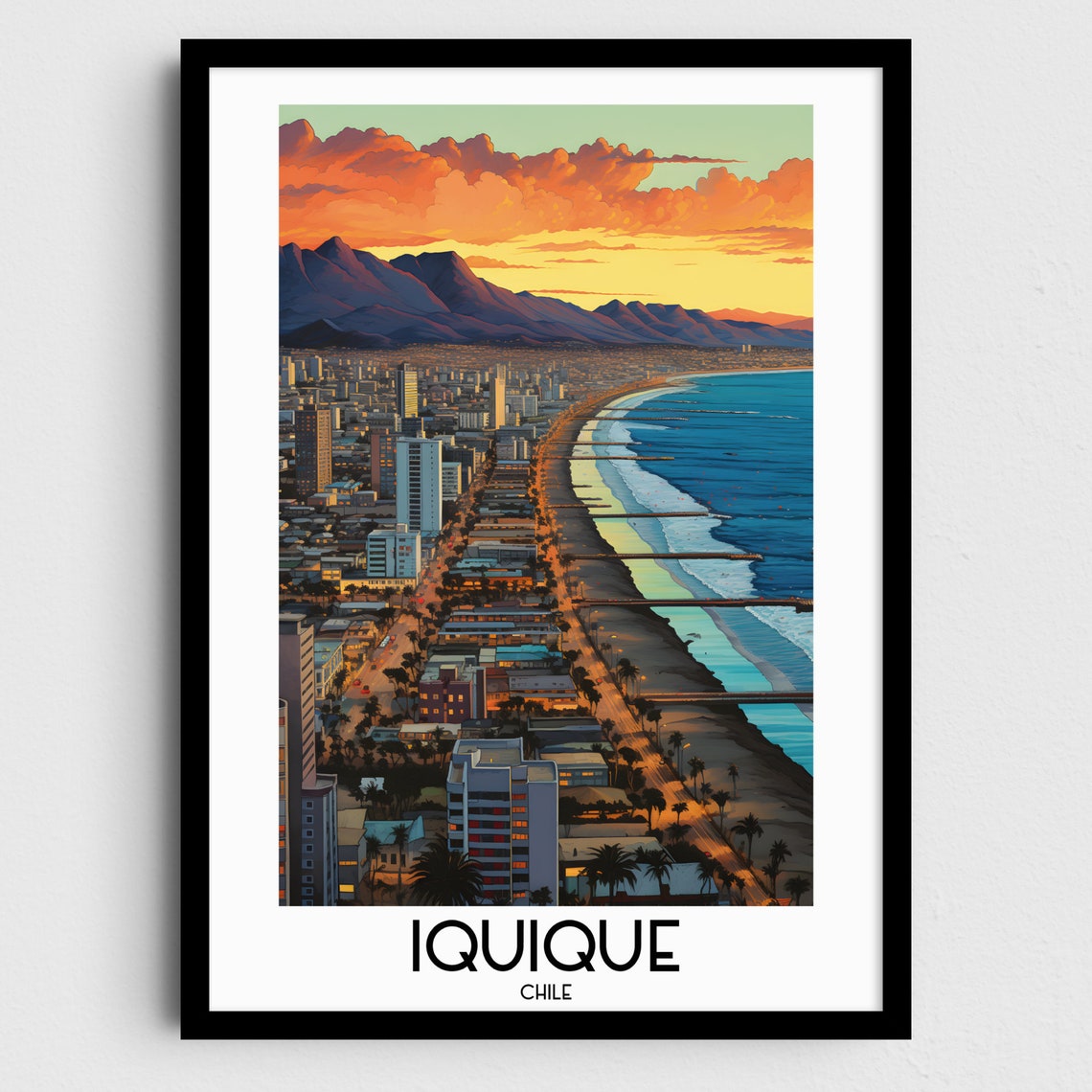 Iquique Beachfront Towers Long Beach Purple Mountains Chile Travel Poster