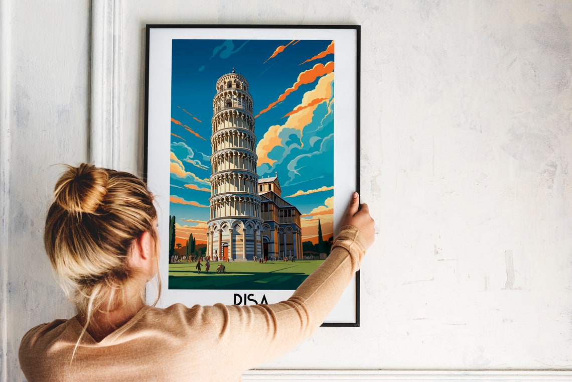 Pisa Italy Leaning Tower Sunset Sky Vintage Travel Art Poster - Image 2