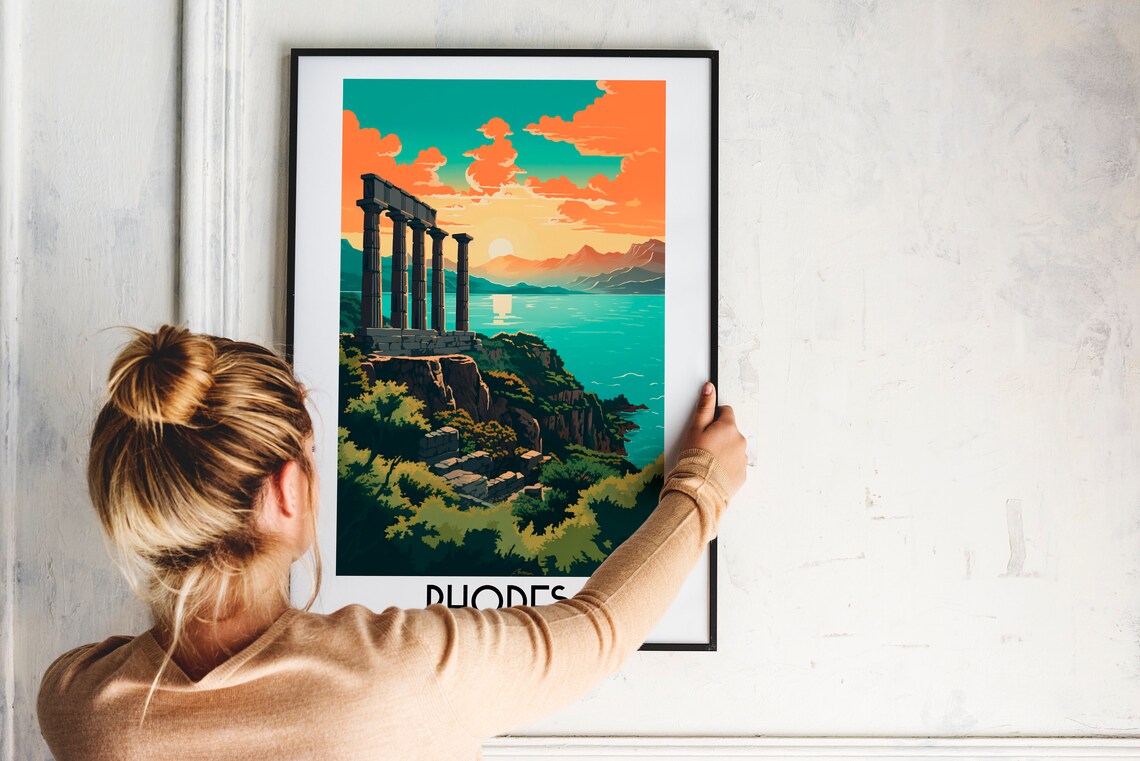 Rhodes Ancient Temple Ruins Sunset Over the Sea Greece Travel Poster - Image 2