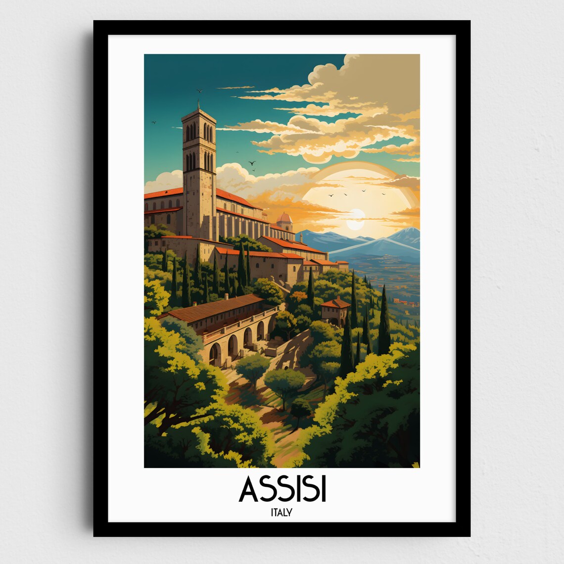 Assisi Italy Hilltop Basilica Sunset Umbrian Hills Travel Poster