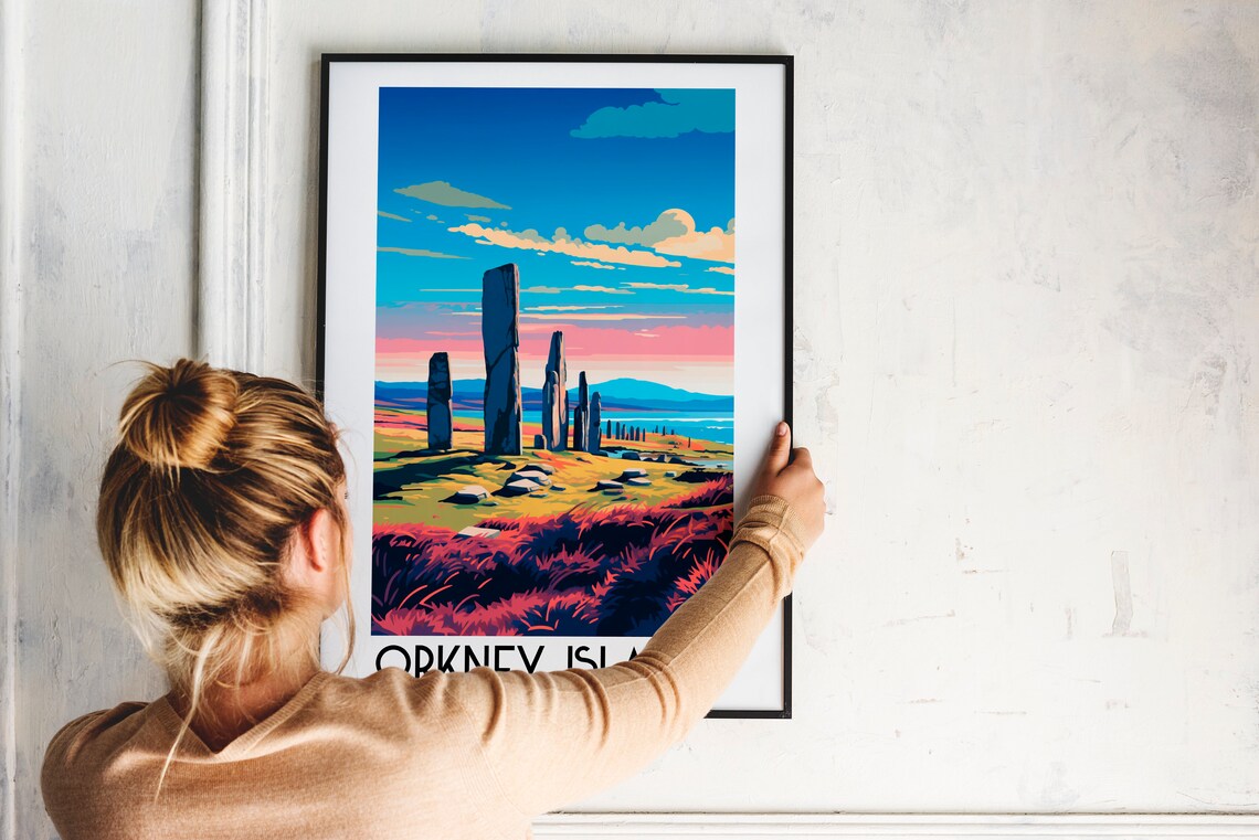 Orkney Islands Scotland Standing Stones Pink Heather Day Travel Poster - Image 2