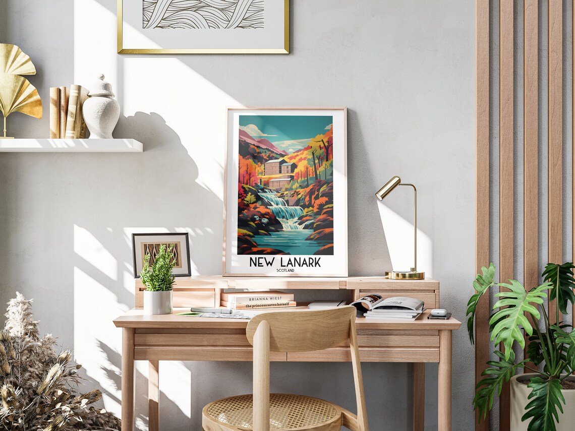 New Lanark Scotland Waterfall Mill Autumn Forest Vintage Travel Poster - Image 3