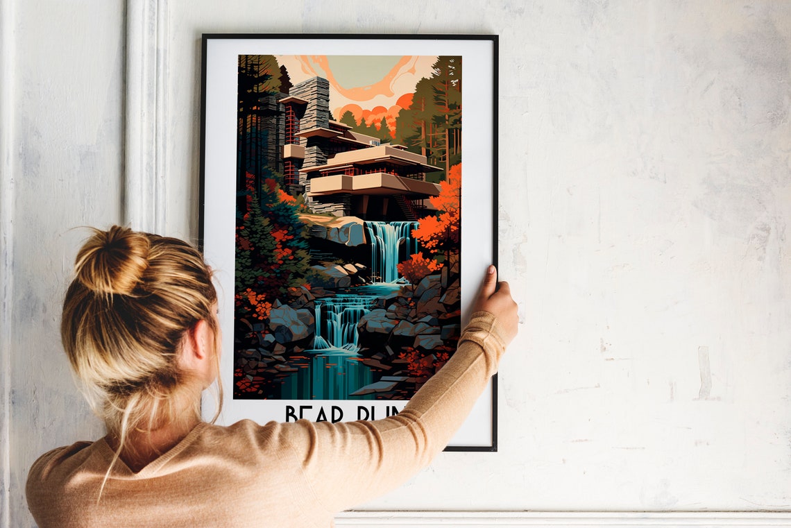 Bear Run Pennsylvania House Over Waterfall Autumn Forest Travel Poster - Image 2