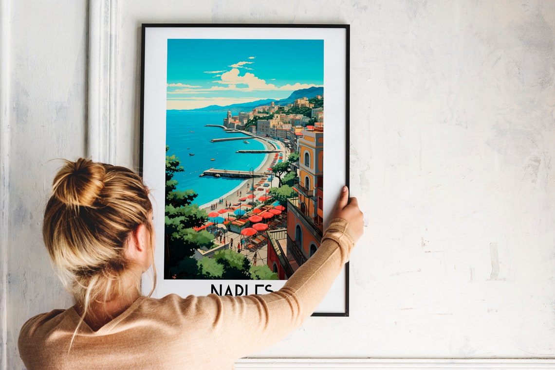 Naples Italy Sunny Beach Umbrellas Curved Bay Travel Art Poster - Image 2