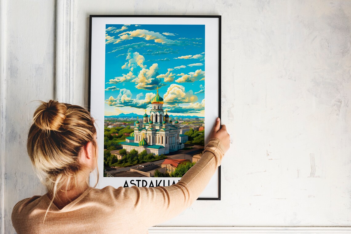 Astrakhan White Cathedral Green Gold Onion Domes Russia Travel Poster - Image 2
