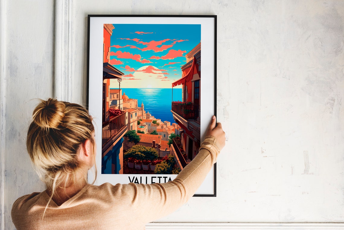 Valletta Malta Sunset Balcony Alley Retro Sea View Travel Poster - Image 2