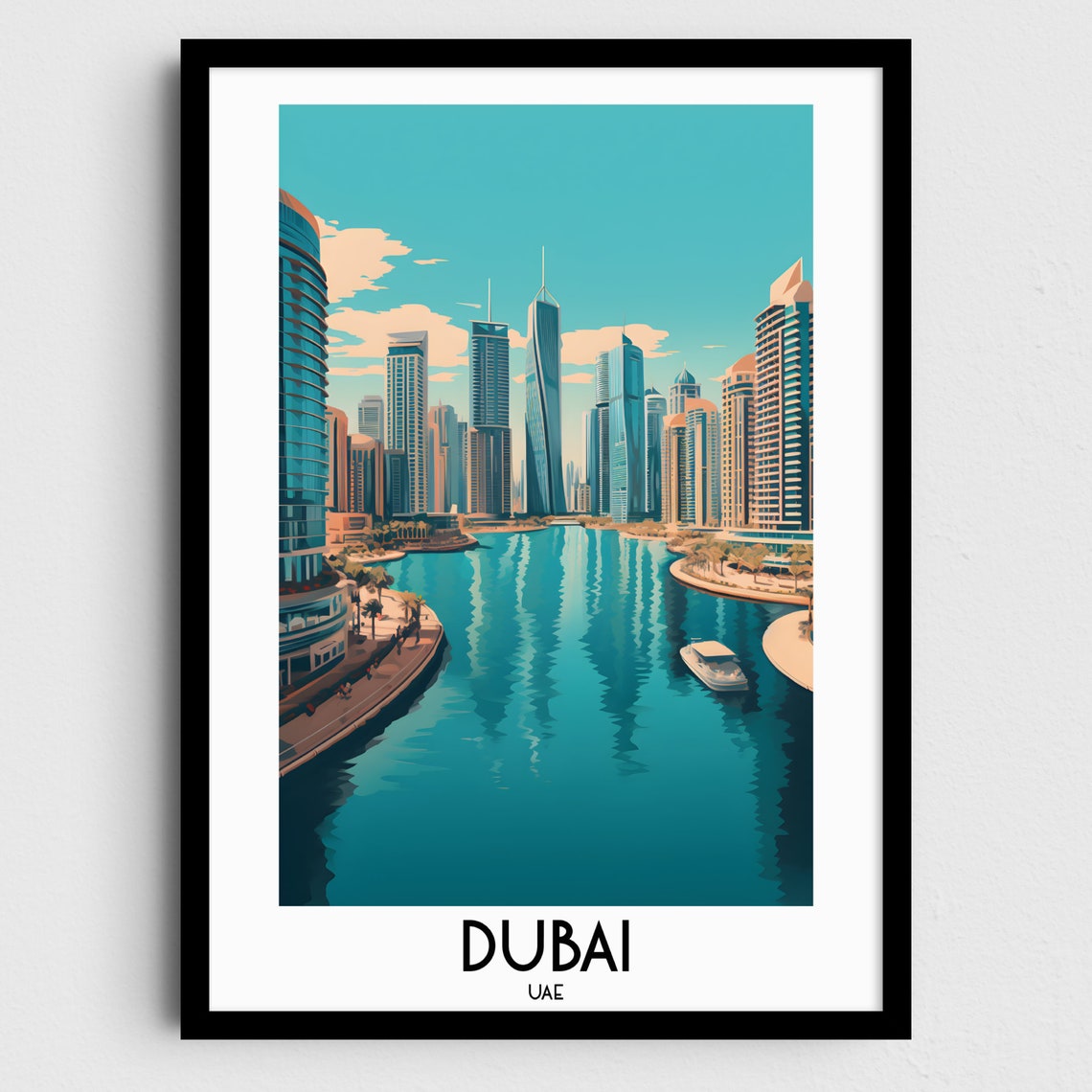 Dubai UAE Towering Skyline Along the Marina Waterway Glow Poster