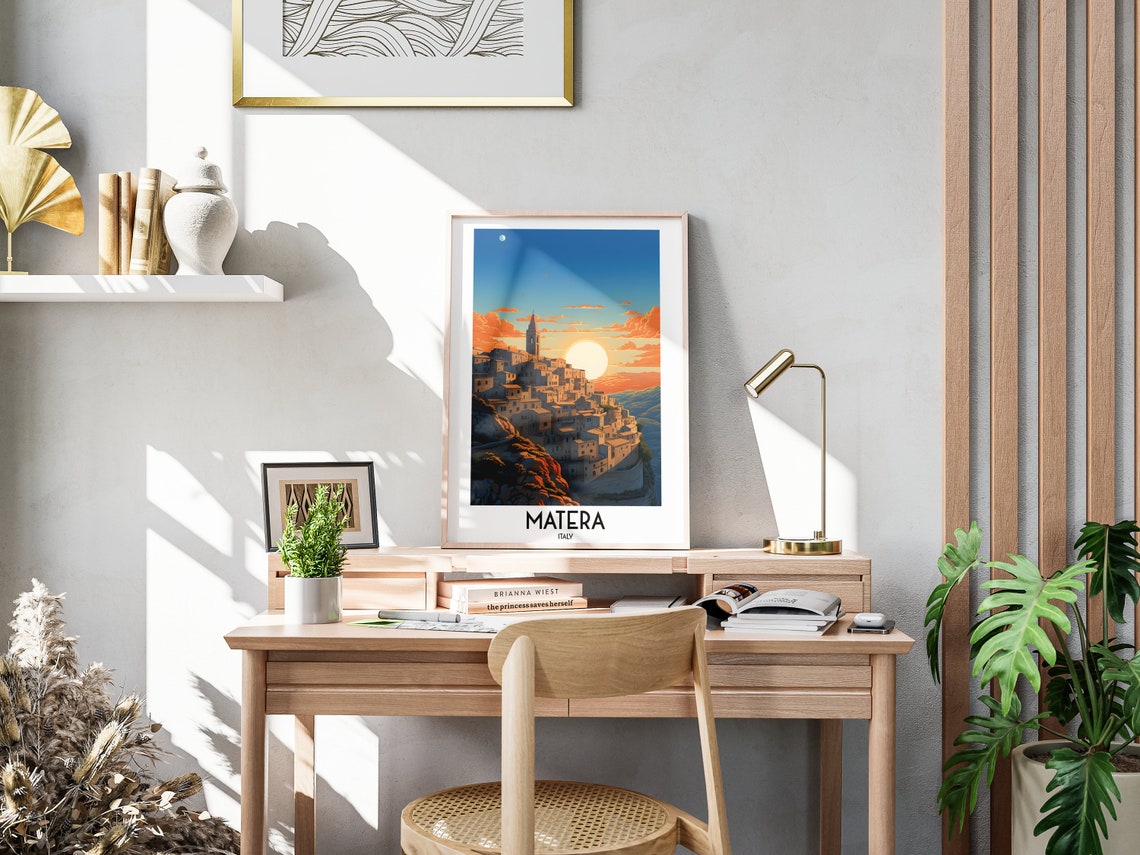 Matera Italy Ancient Stone Cliff Town Sunset Moon View Poster - Image 3