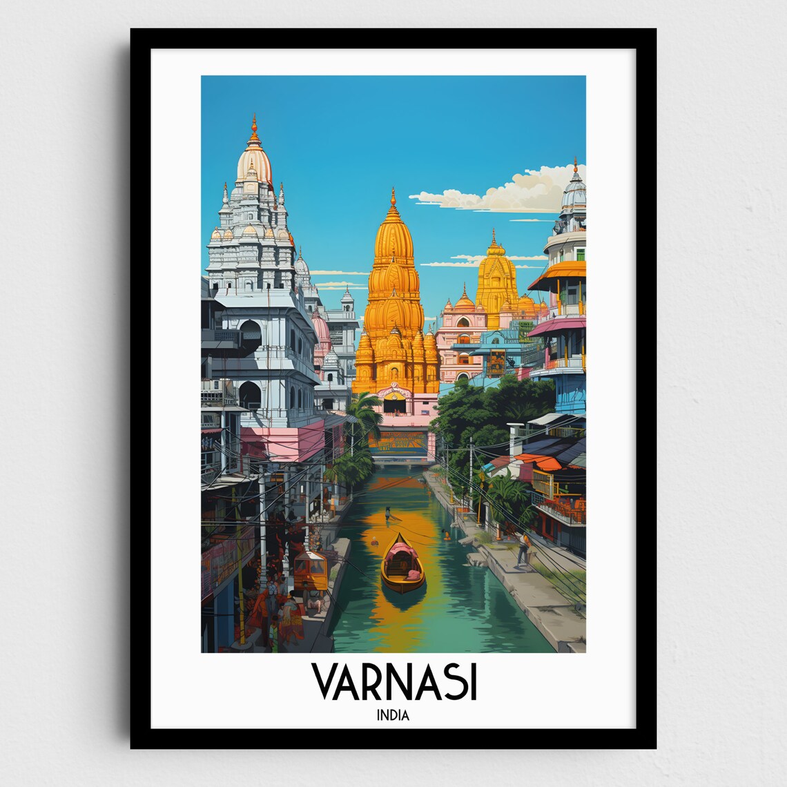 Varanasi India Temple Ghats River Boat Sacred City Travel Poster