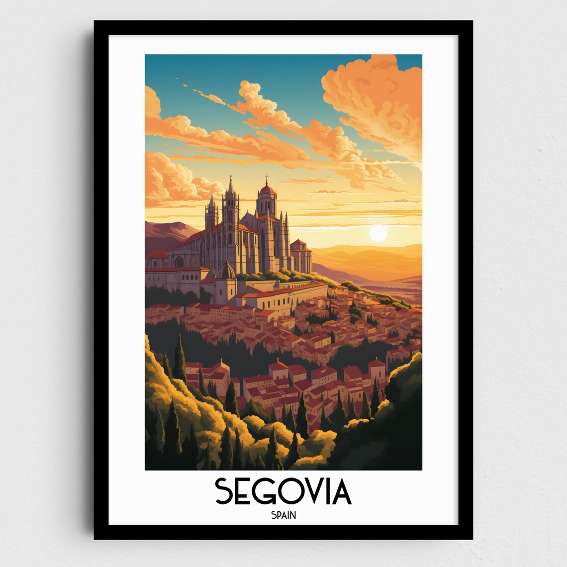 Segovia Spain Cathedral Hilltop Old Town Sunset Travel Art Poster