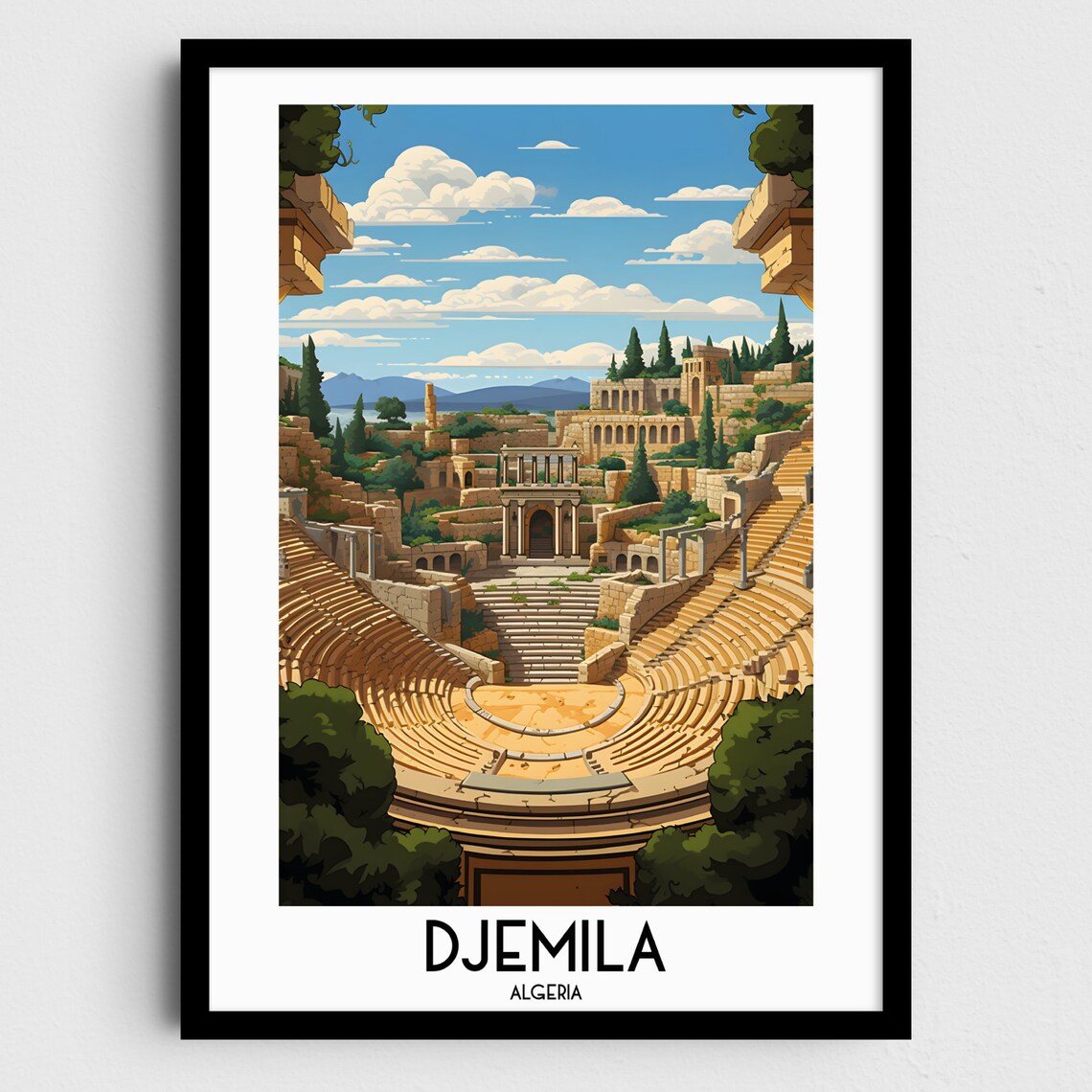 Djemila Algeria Roman Amphitheater Ruins Vintage Travel Poster