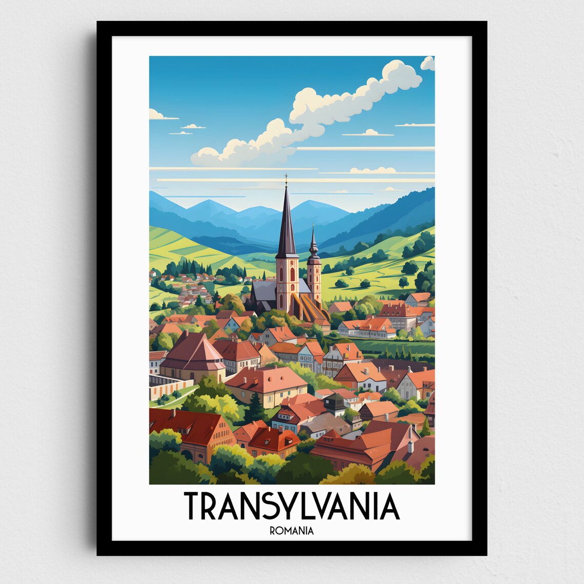 Transylvania Romania Village Church Spires Mountain Travel Poster