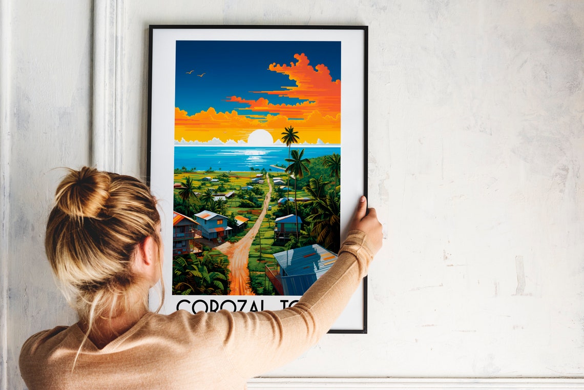 Corozal Town Village Dirt Road Palms Caribbean Sunset Belize Travel Poster - Image 2