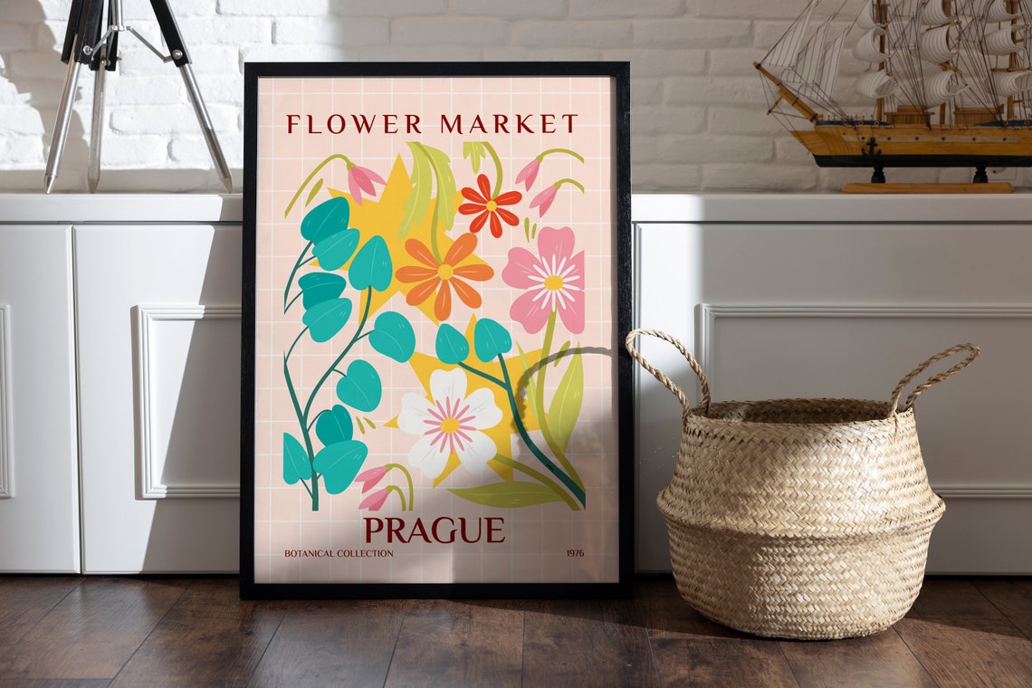 Prague Flower Market Botanical Collection Teal Bloom Art Poster