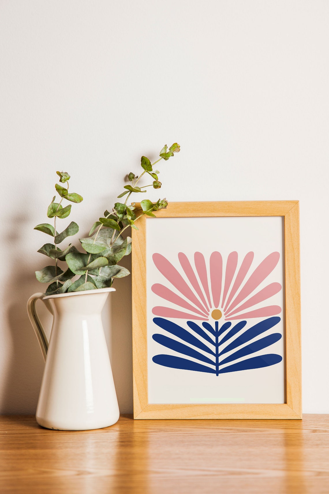 Pink Sunburst Bloom Navy Blue Leaves Matisse Style Art Poster - Image 2