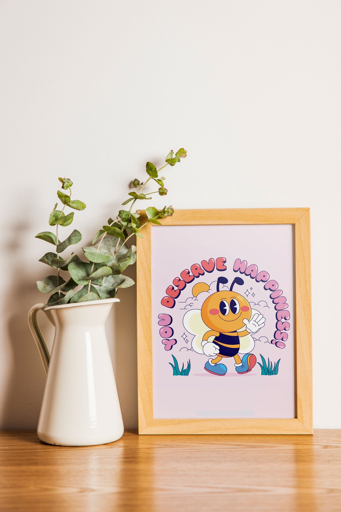 You Deserve Happiness Cute Bright Pink Bee Retro Quote Poster