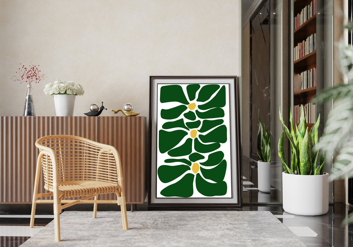 Dark Green Leaf Pattern Yellow Centers Modern Botanical Art Poster - Image 2
