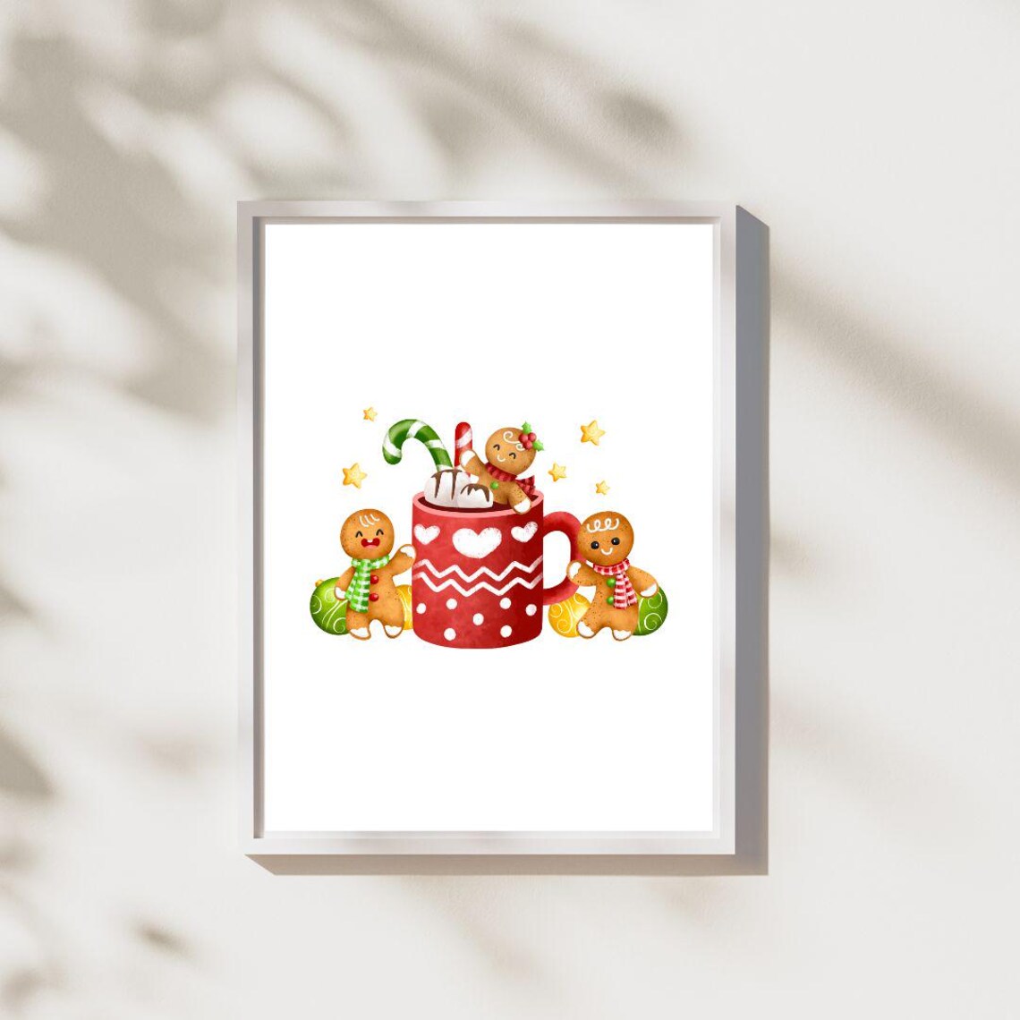 Gingerbread Men And Red Cocoa Mug Watercolor Christmas Poster - Image 2