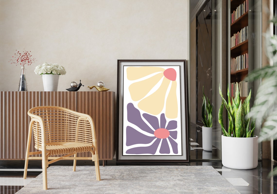 Purple and Yellow Abstract Bloom Poster with Coral Centers Art - Image 2
