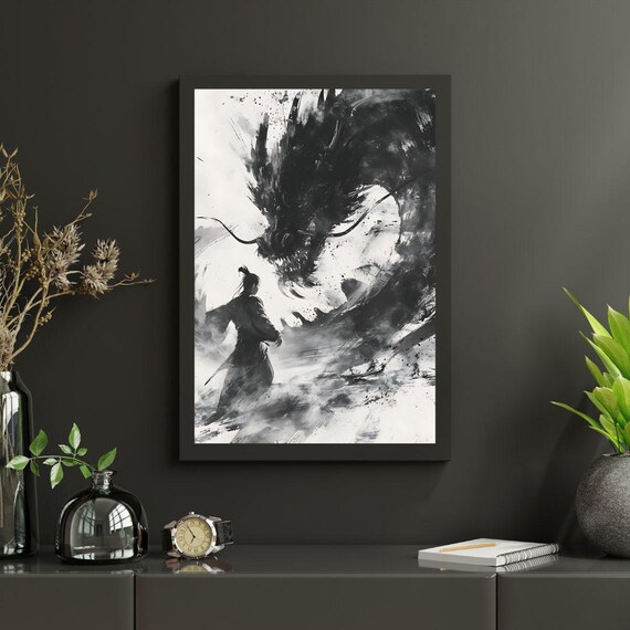Dramatic Ink Wash Dragon Warrior Black White Asian Art Poster