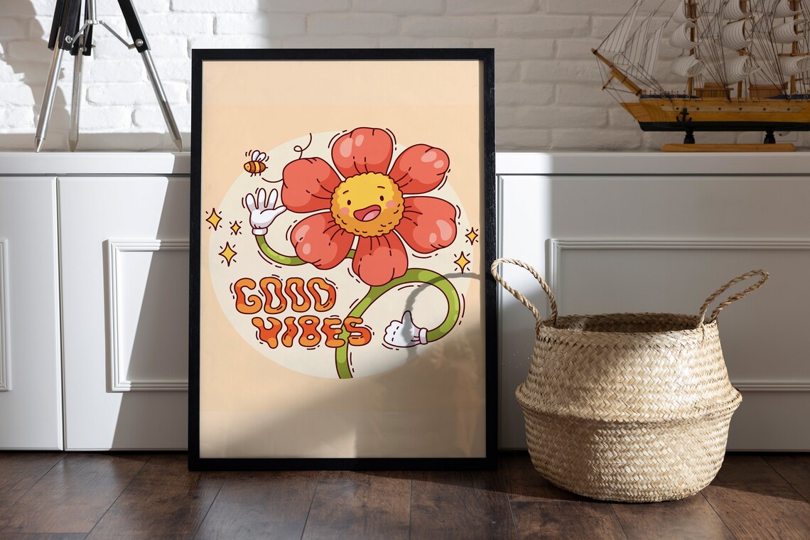 Retro Smiling Daisy Good Vibes Groovy Sunny Cartoon Flower Poster
