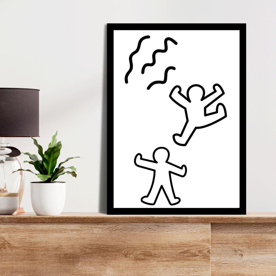 Keith Haring Style Black Dancing Figures Energetic Pop Art Poster