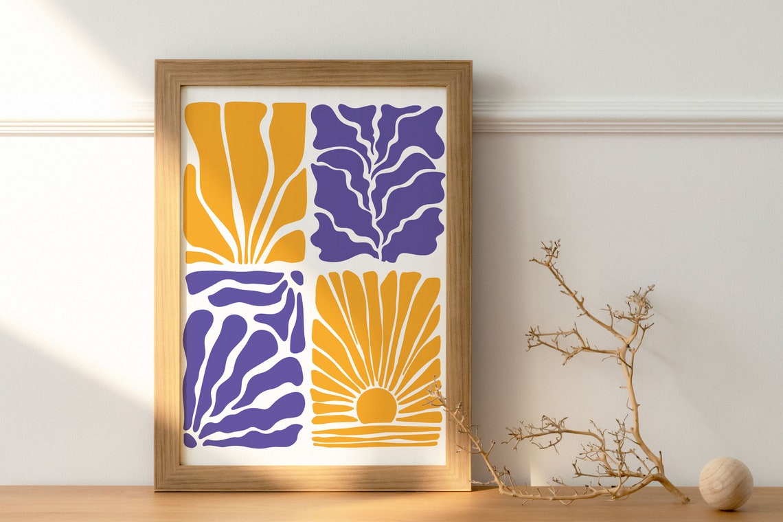 Mid Century Abstract Four Panel Sun Botanical Ochre Wall Poster - Image 2