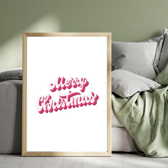 Retro Pink Script Merry Christmas Minimalist Typography Poster