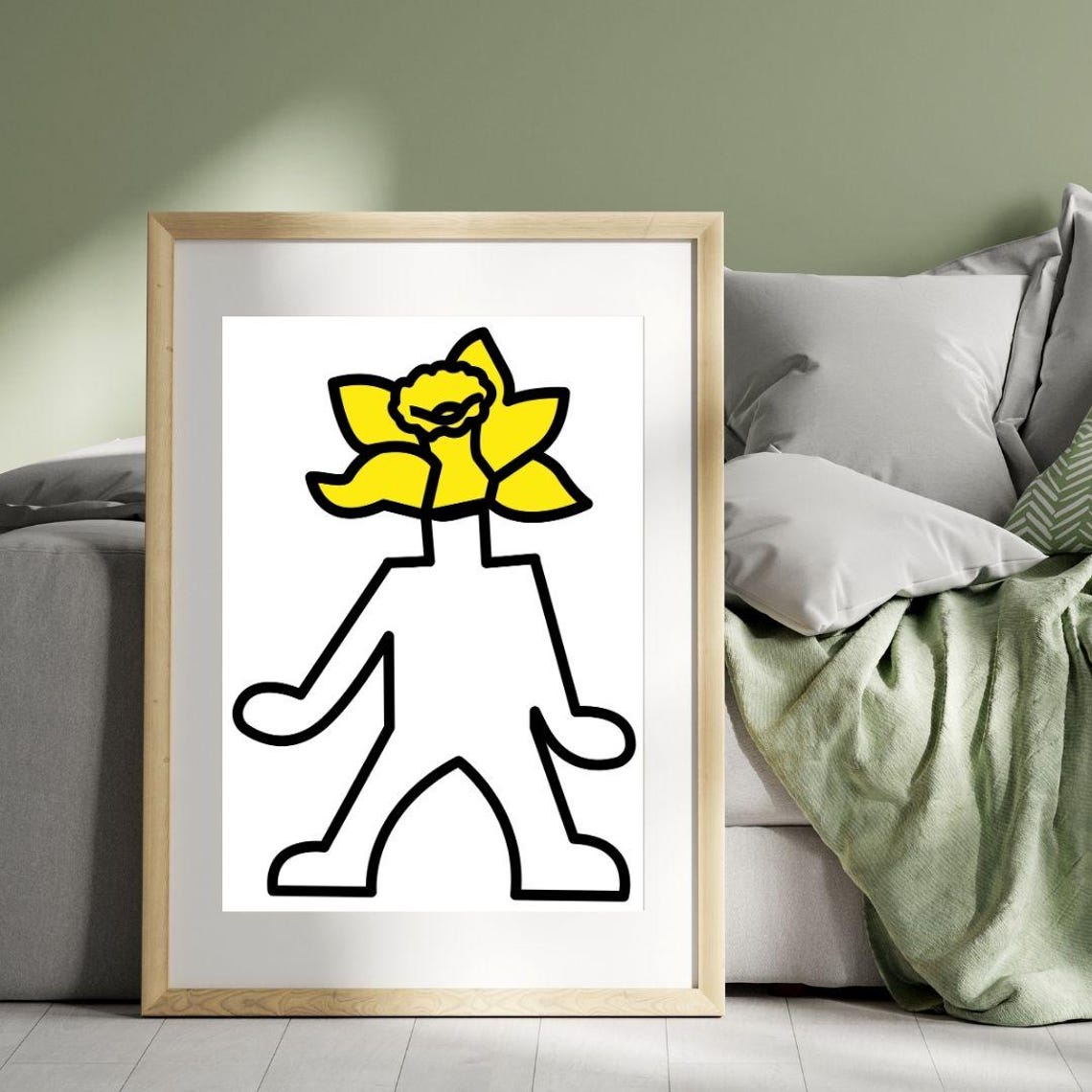 Keith Haring Style Figure Big Yellow Flower Head Whimsical Art Print - Image 3