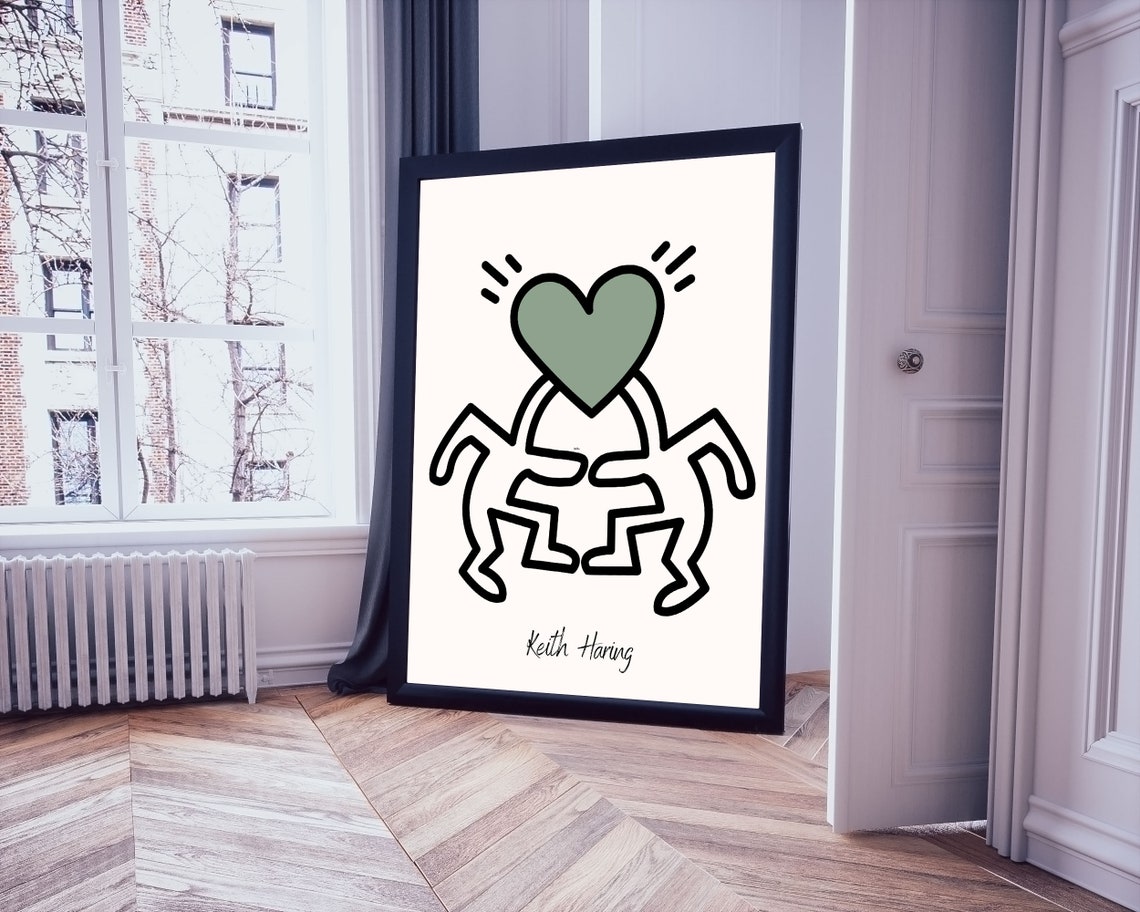 Keith Haring-Style Figures Holding Green Heart Pop Art Poster
