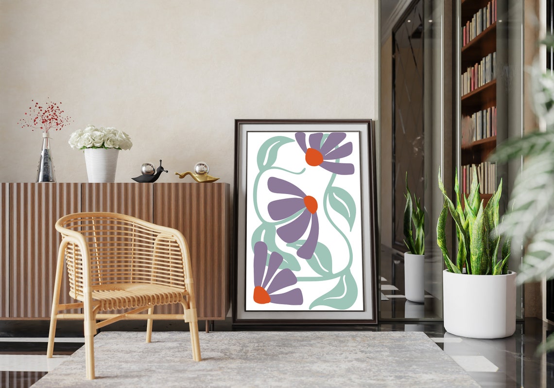 Matisse Style Purple Flowers Orange Centers Botanical Poster