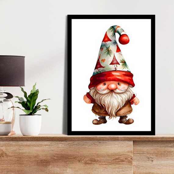 Watercolor Christmas Gnome In Tree Pattern Tall Hat Illustration Poster