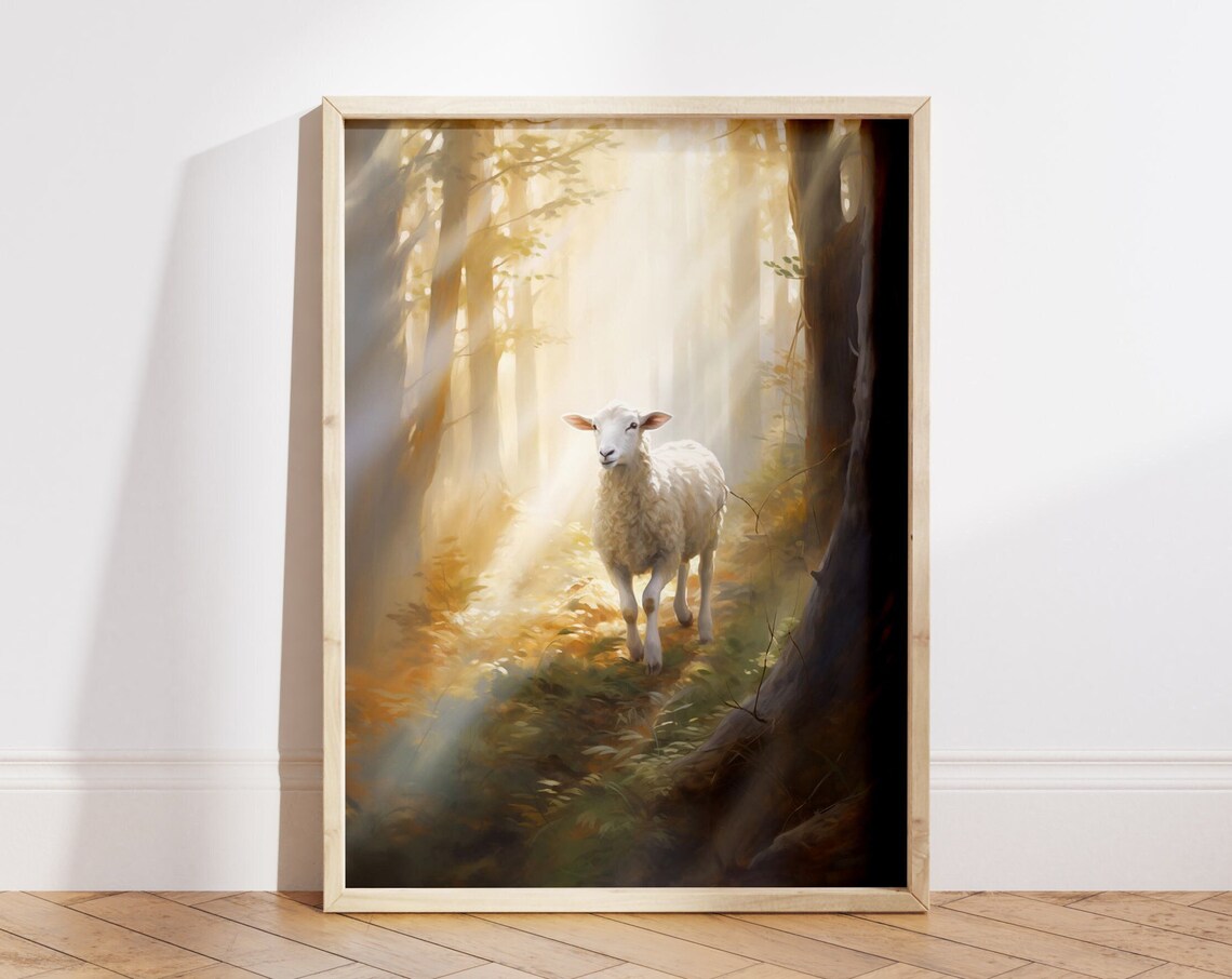 White Lamb in Sunlit Forest with Golden Light Rays Wildlife Poster